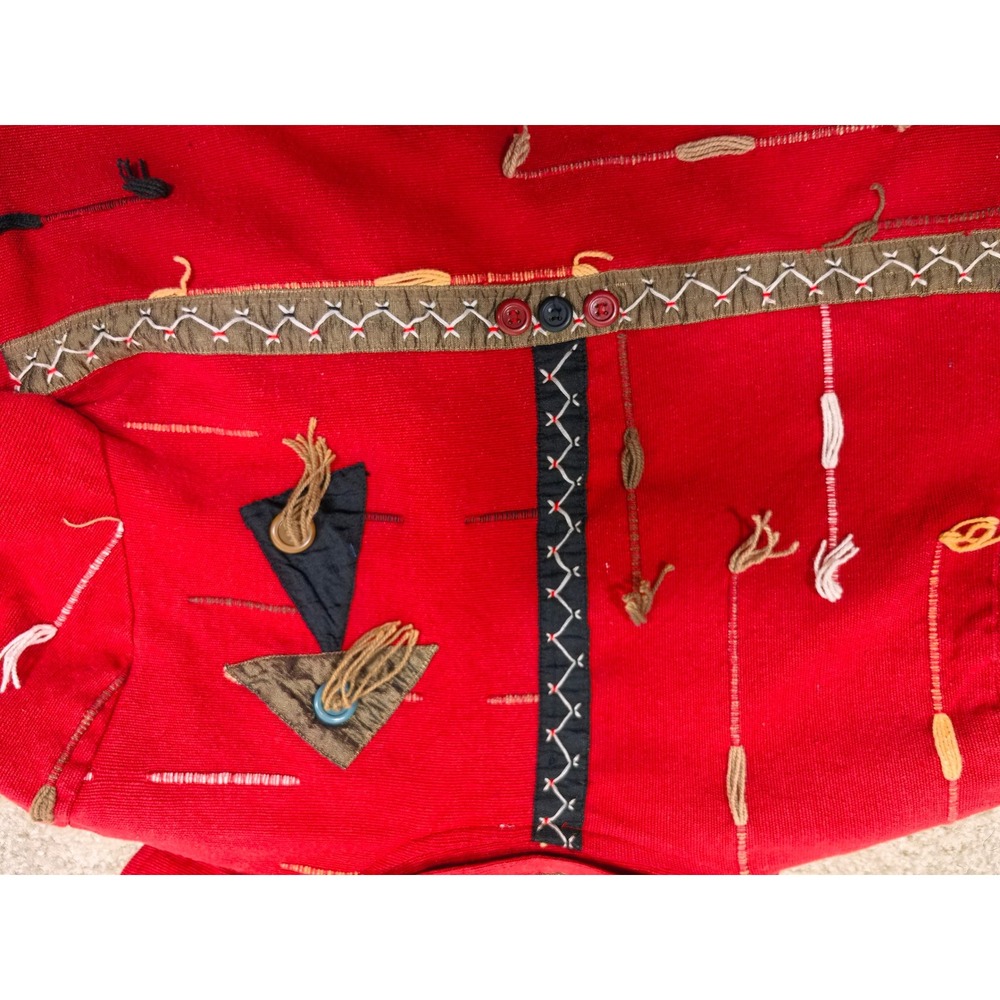 Red‎ Artisan Jacket Textured Tassels Geometric Appliqué Artwear M Boho Unique - Picture 8 of 8